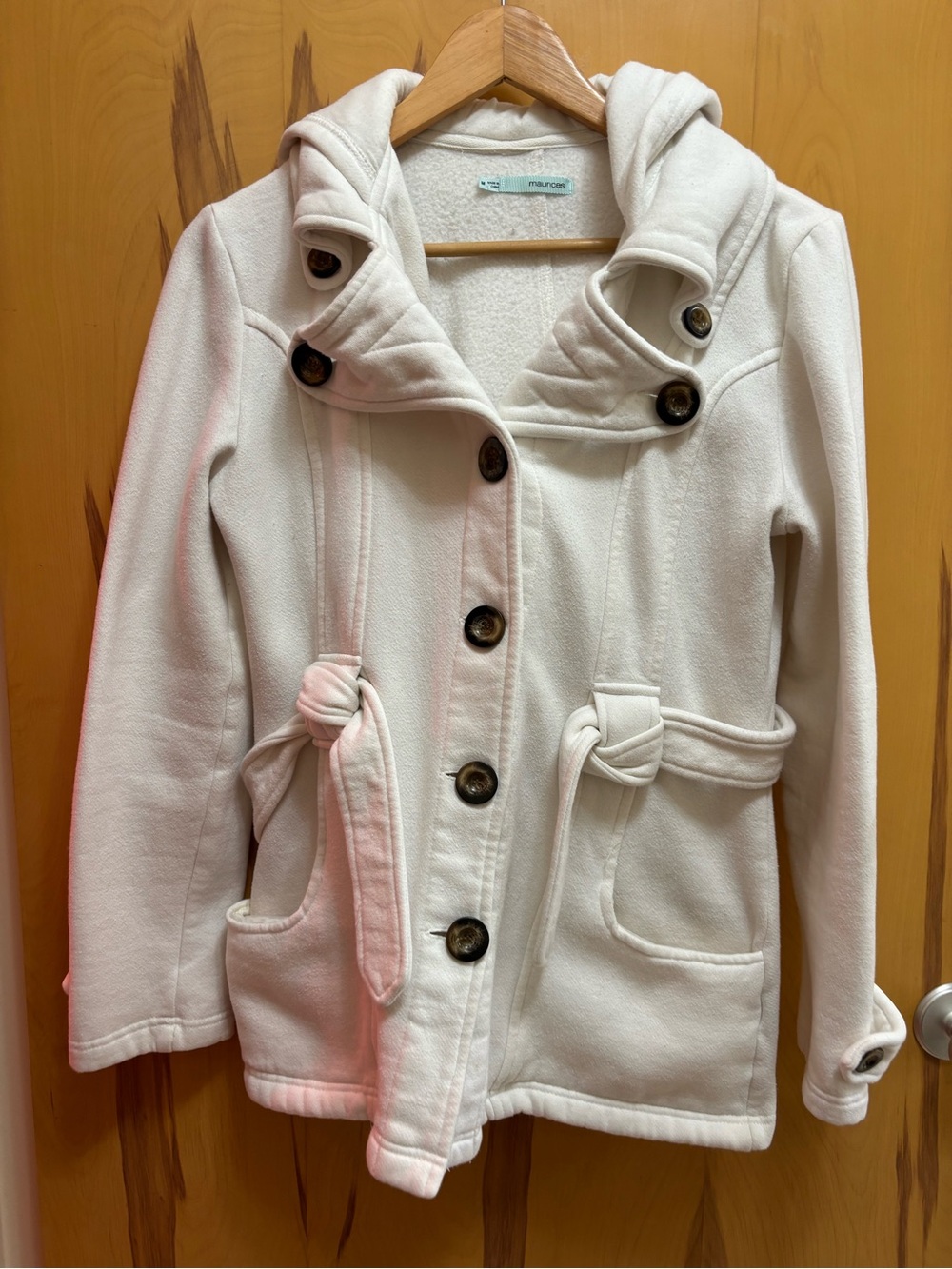 Maurices Cream Hooded Pea Coat with Tied Waist